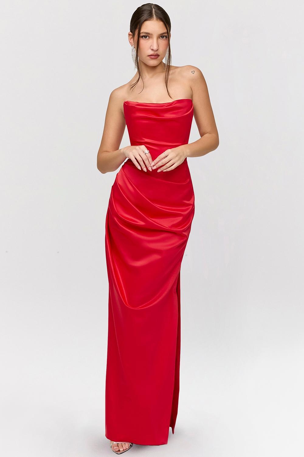 Adrienne Scarlet Satin Strapless Gown Product Image