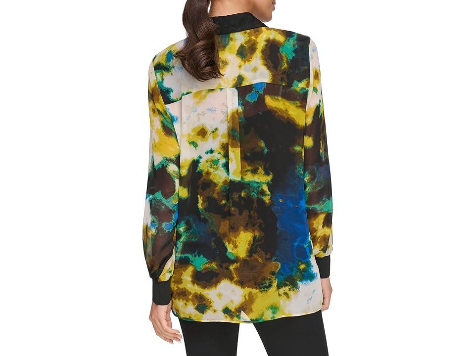 DKNY Long Sleeve Print Rib Cuff Blouse (Citrine Multi) Women's Blouse Product Image