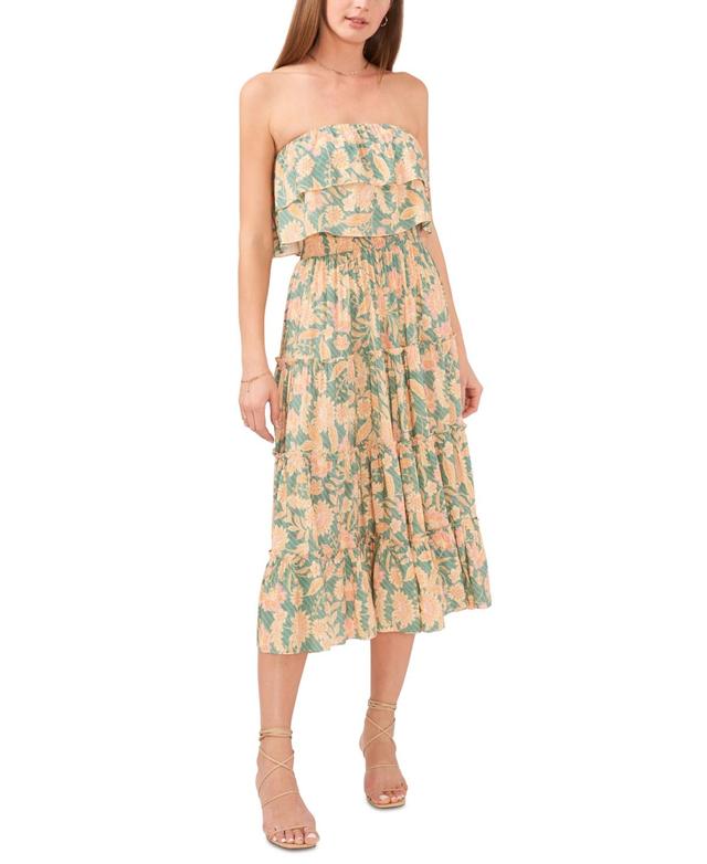 1.state Womens Floral-Print Strapless Ruffle-Tiered Midi Dress Product Image