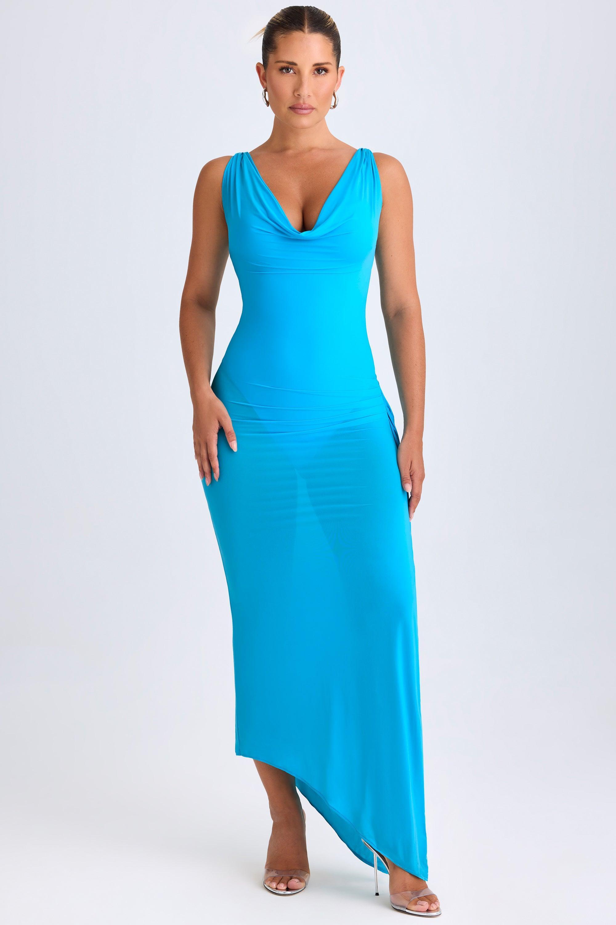 Ruffle-Trim Cowl-Neck Midaxi Dress in Aqua Blue Product Image