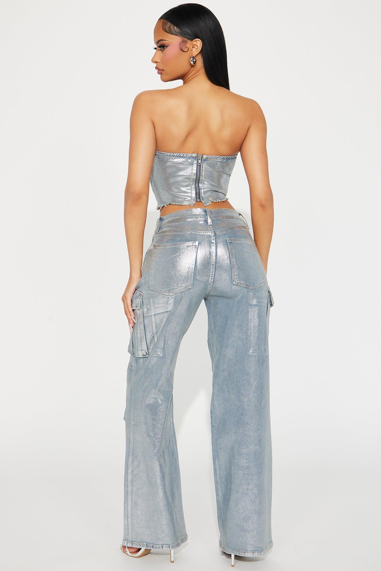 Bianca Metallic Denim Pant Set - Silver Product Image