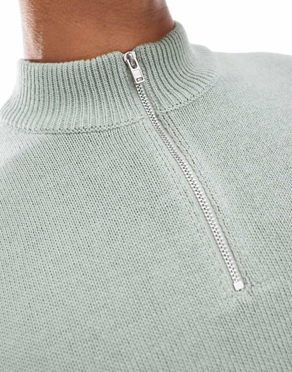 ASOS DESIGN midweight knitted quarter zip neck sweater in sage green Product Image