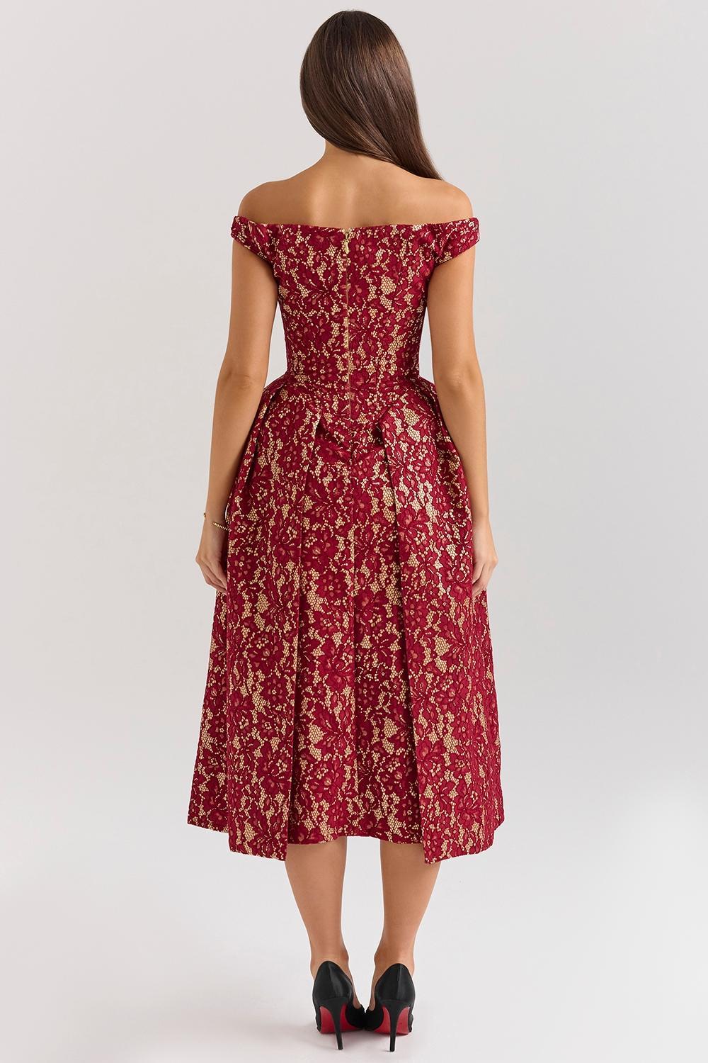 Charming Gold and Berry Lace Midi Off Shoulder Dress Product Image