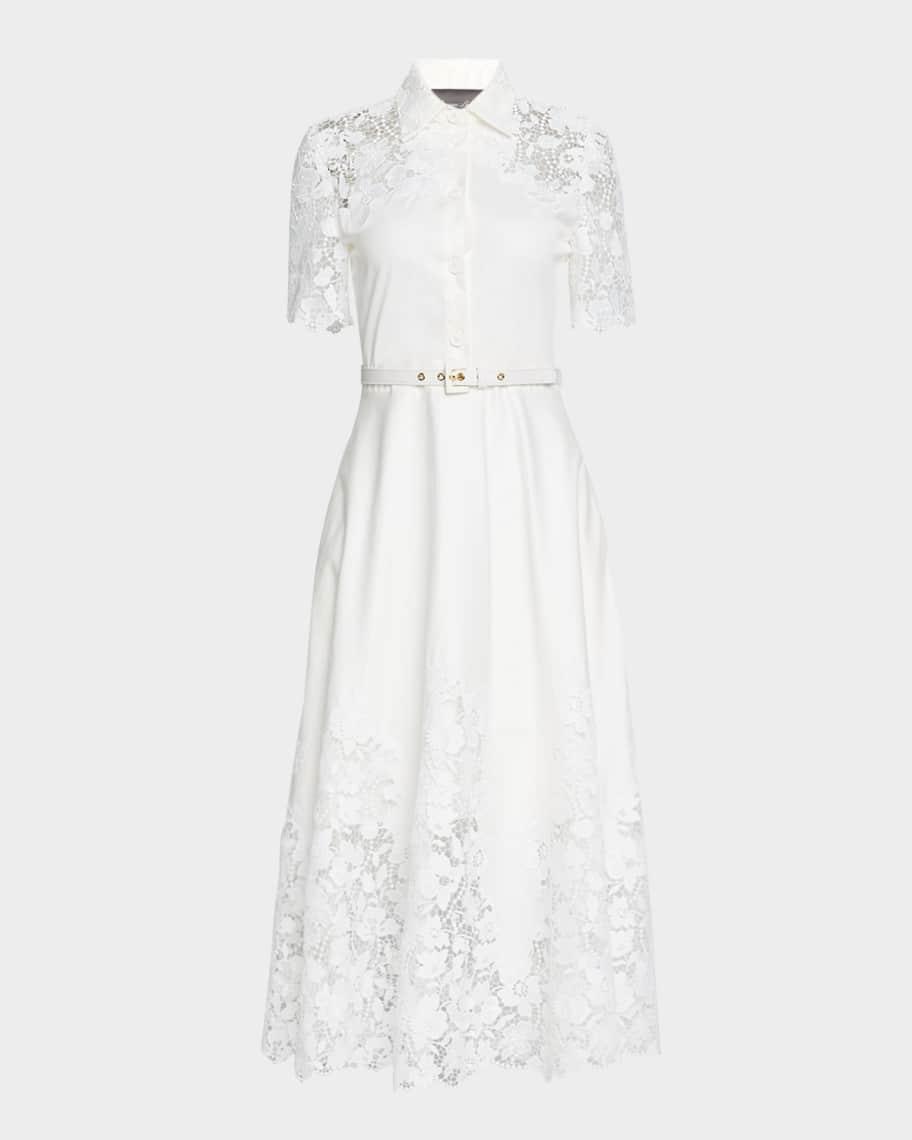 Lace-Inset Short-Sleeve Cotton Midi Shirtdress Product Image