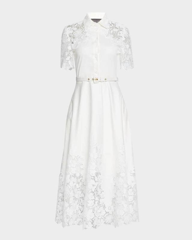 Lace-Inset Short-Sleeve Cotton Midi Shirtdress Product Image