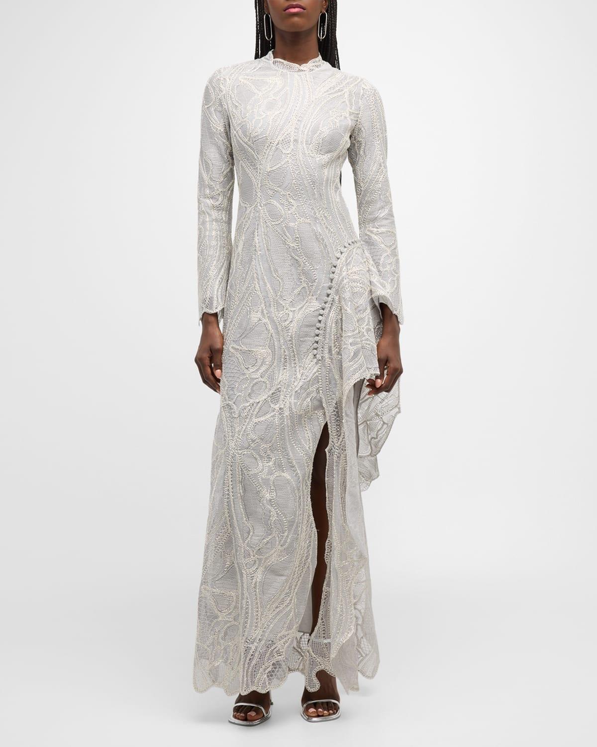 Alda Mock-Neck Ruffle Lace Gown Product Image