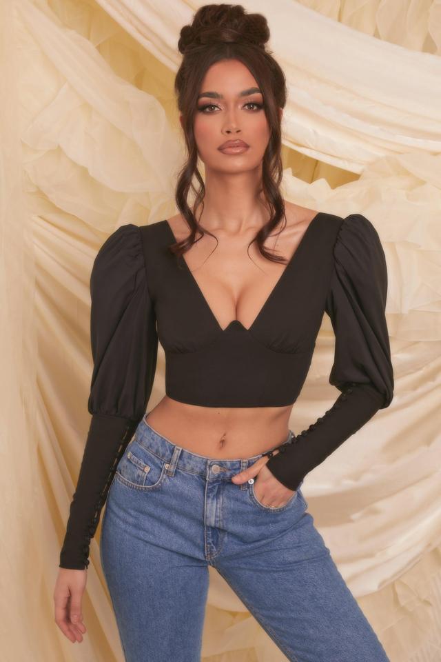 Plunge Neck Puff Sleeve Crop Top in Black Product Image