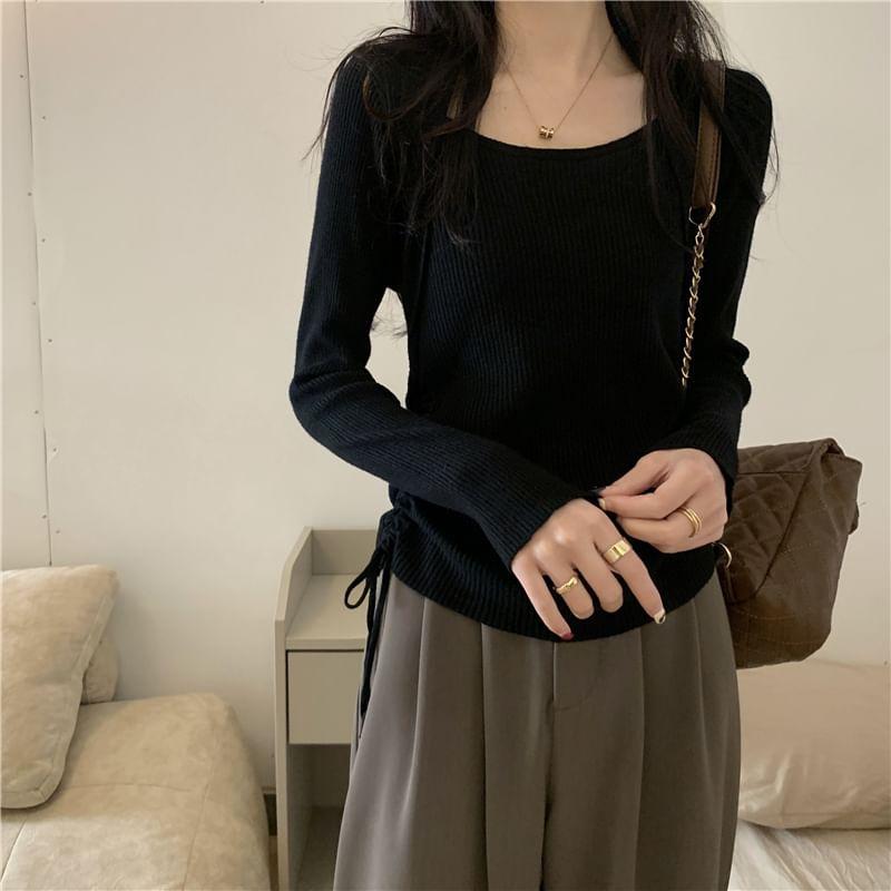 Long-Sleeve Scoop Neck Plain Drawstring Ribbed Knit Top Product Image