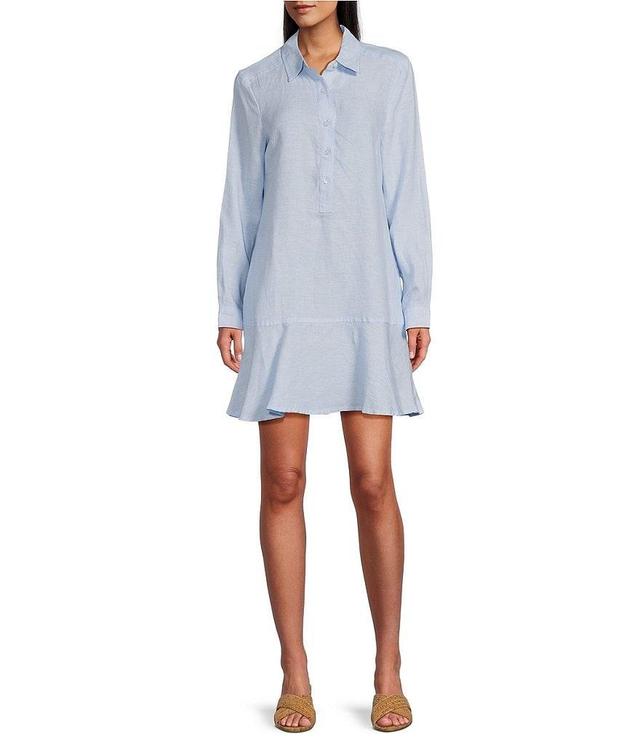 Tommy Bahama Linen Collared Neck Long Sleeve Flounce Hem Dress Product Image