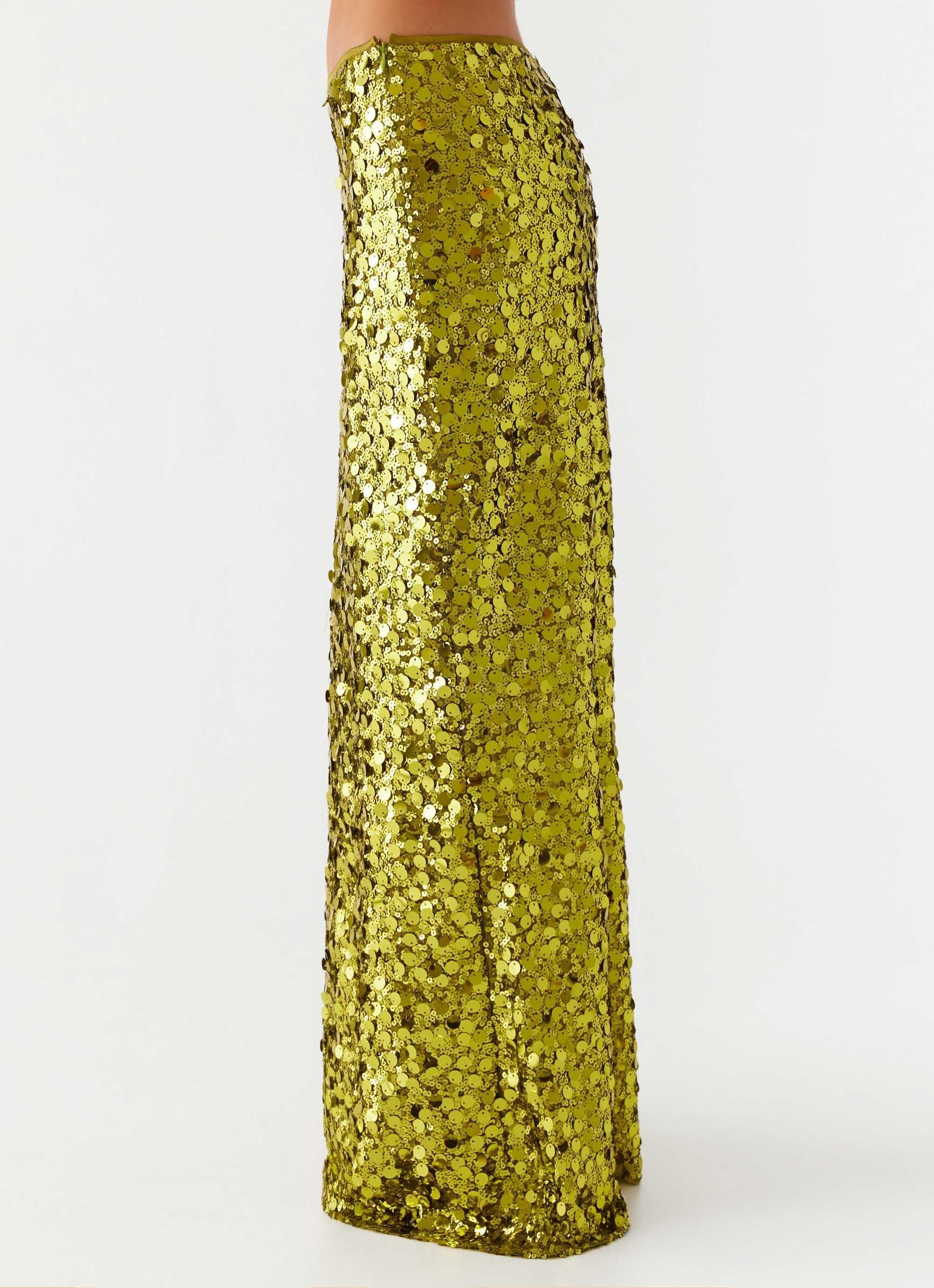 Perfect Places Low Rise Sequin Maxi Skirt - Olive Product Image