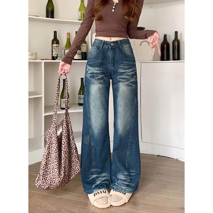 Low Waist Washed Straight-Fit Wide-Leg Jeans Product Image