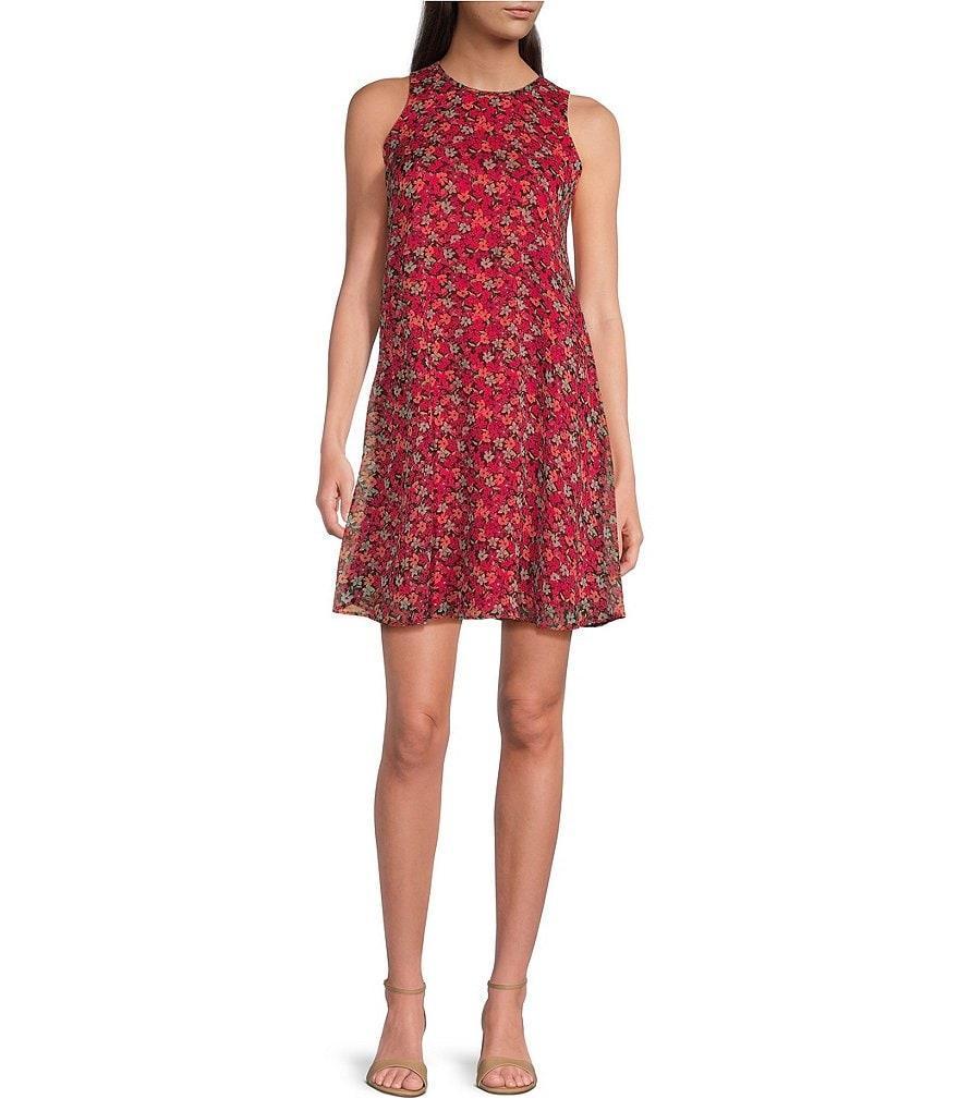 Calvin Klein Floral Printed Chiffon Sleeveless Crew Neck A-Line Dress Product Image