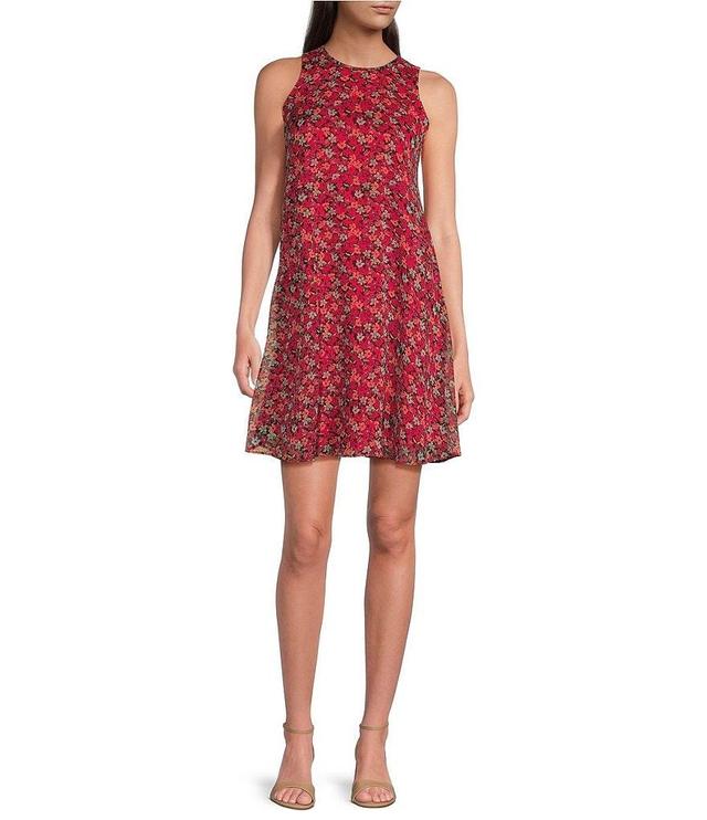 Calvin Klein Floral Printed Chiffon Sleeveless Crew Neck A-Line Dress Product Image