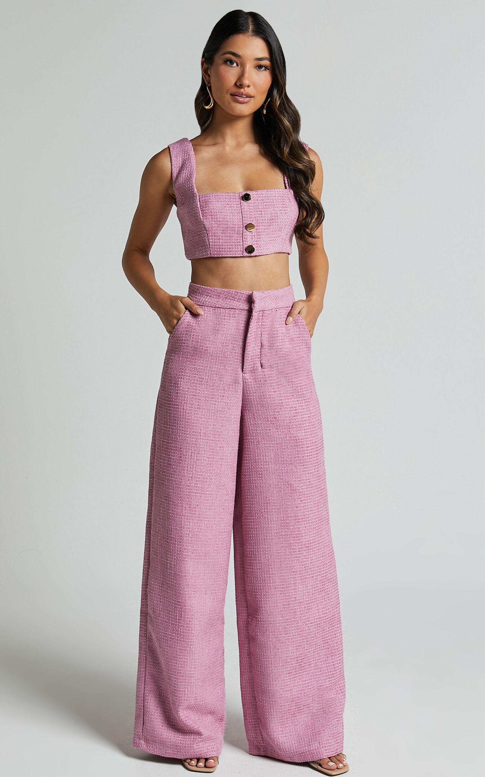 Amaris Two Piece Set - Button Detail Crop Top and Wide Leg Pants Set in Pink Product Image