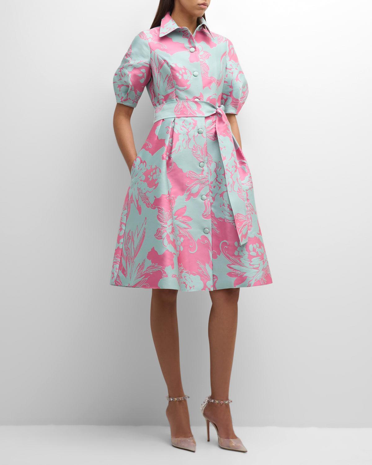 Pleated Floral Jacquard Midi Shirtdress Product Image