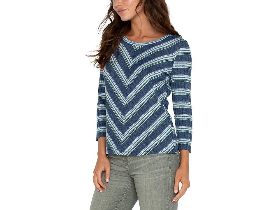 Liverpool Los Angeles 3/4 Slv Miter Front Scoop Neck Rib Knit Top (Blue/Teal Multistripe) Women's Clothing Product Image