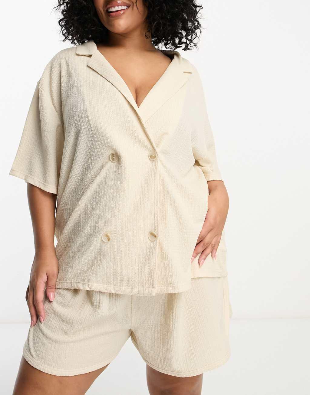 Loungeable Curve boxy pajama shirt and running short set in beige Product Image