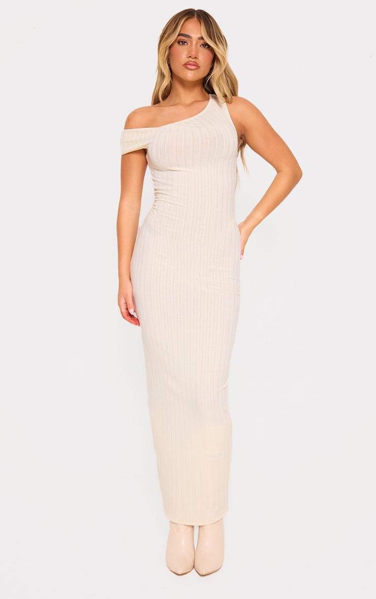 Cream Ribbed Asymmetric Maxi Dress Product Image