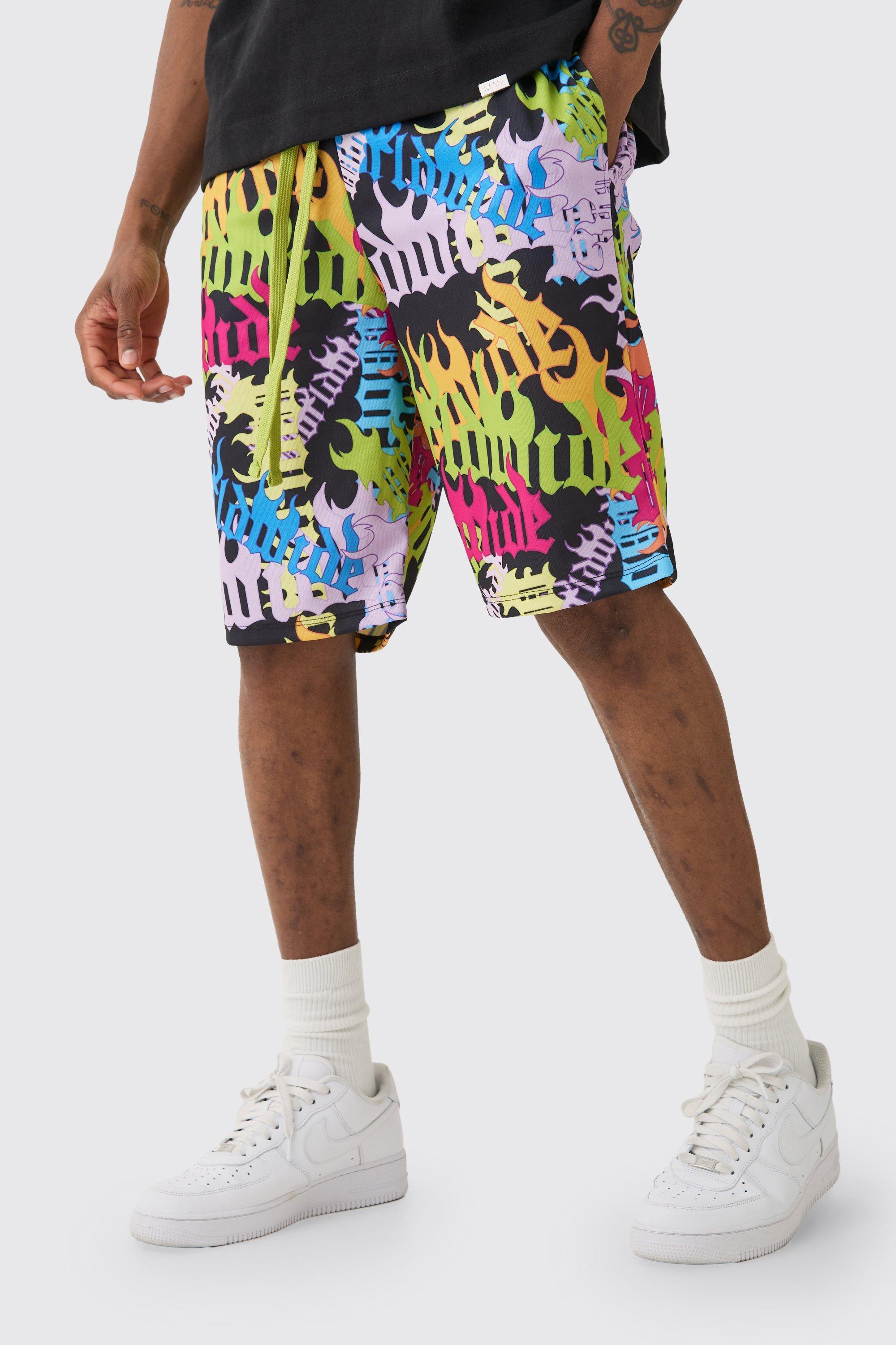 Tall Worldwide Graffiti Mid Length Mesh Basketball Shorts | boohooMAN USA Product Image