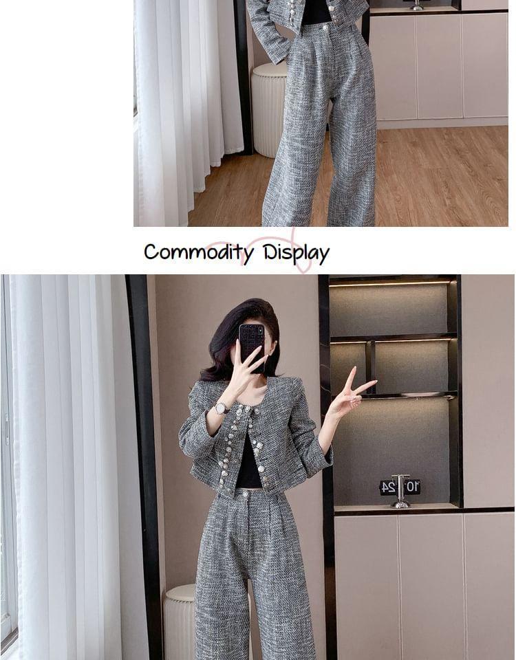 Set: Round Neck Beaded Tweed Button Jacket + High Waist Wide Leg Pants Product Image