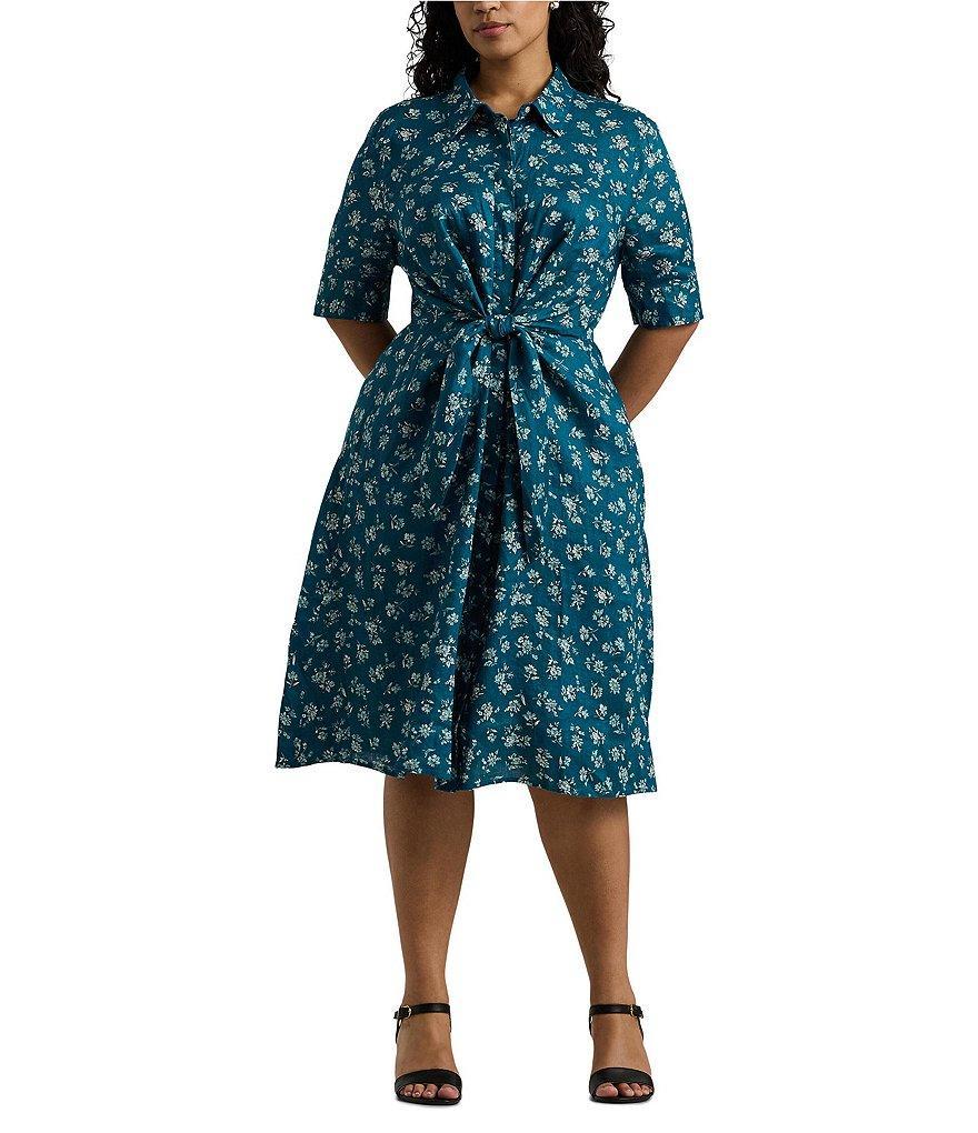 Lauren Ralph Lauren Plus Size Wakana Floral Tie-Front Linen Shirtdress Product Image