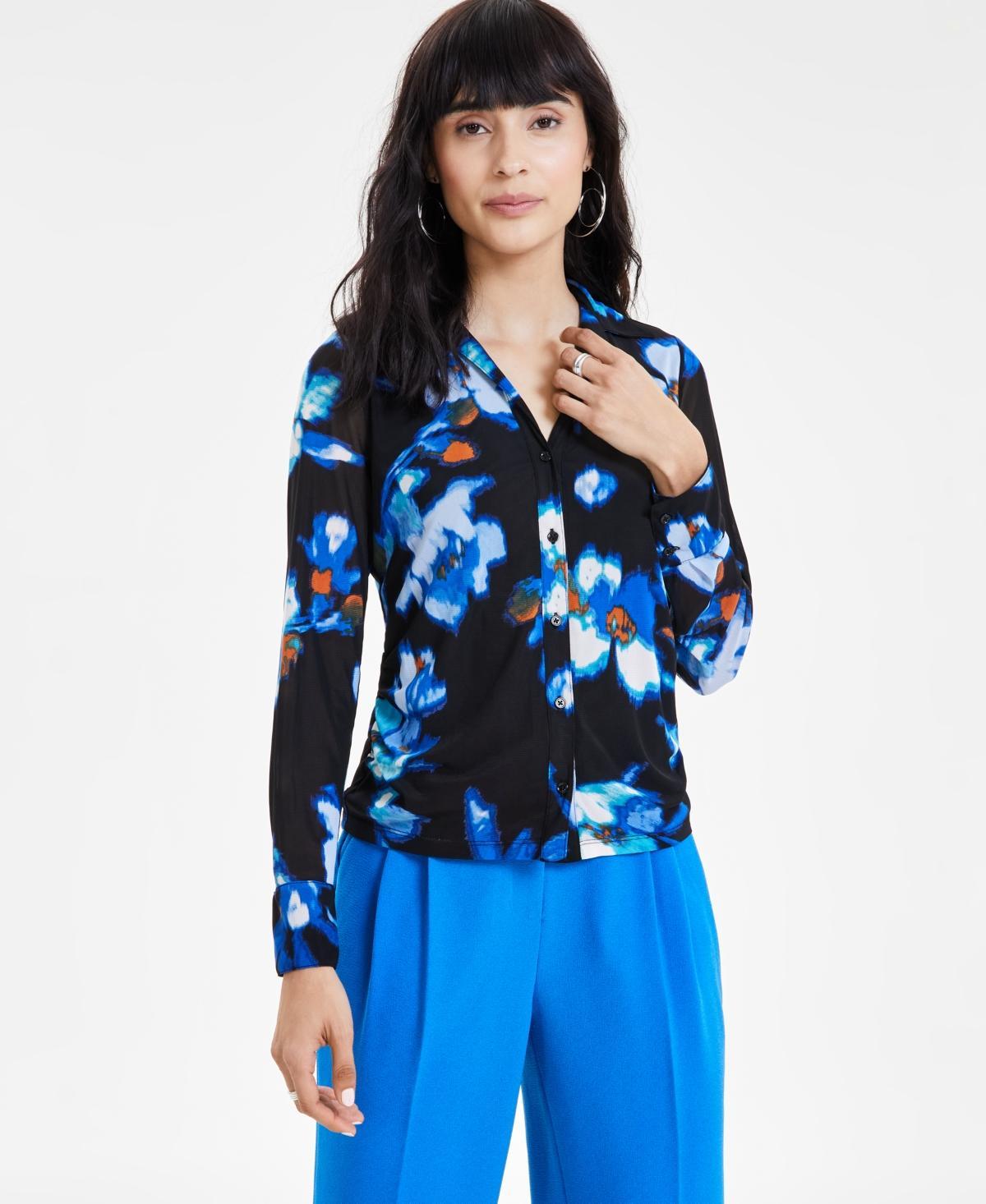 Bar Iii Womens Floral-Print Triple Mesh Shirt, Created for Macys - Black Product Image