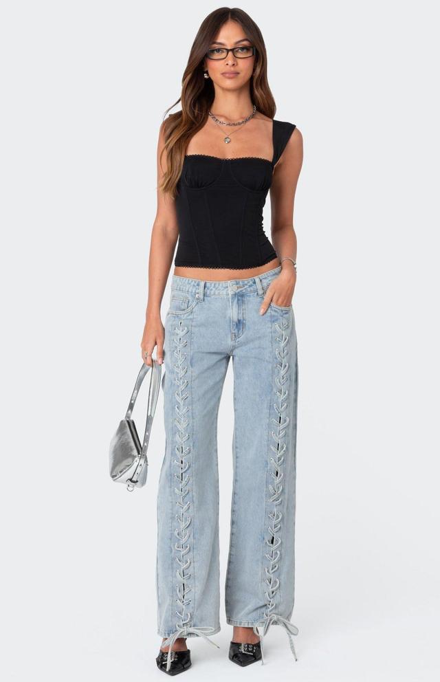 Edikted Women's Laced Up Low Rise Jeans Product Image