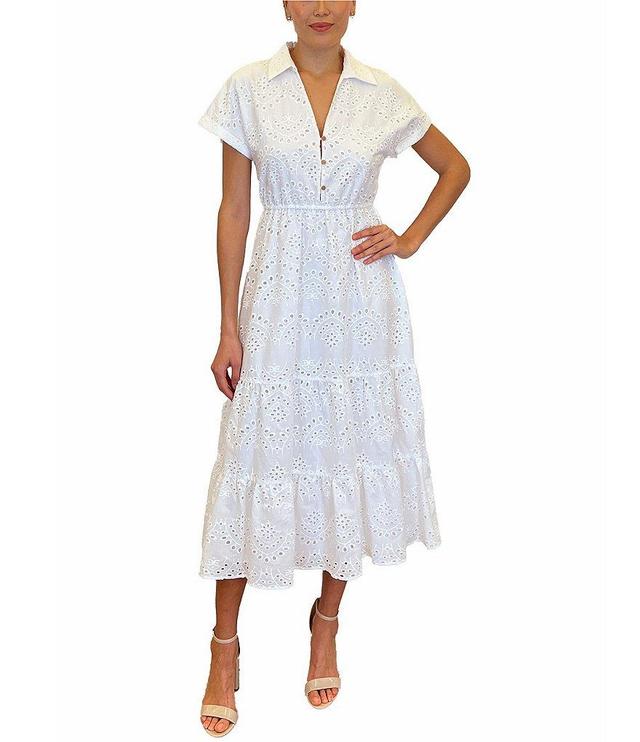 Sam Edelman Eyelet Collar Neck Short Sleeve Button Front Tiered Midi Dress Product Image