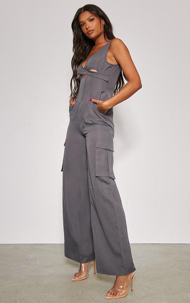 Charcoal Cross Chest Corset Detail Lightweight Cargo Jumpsuit Product Image