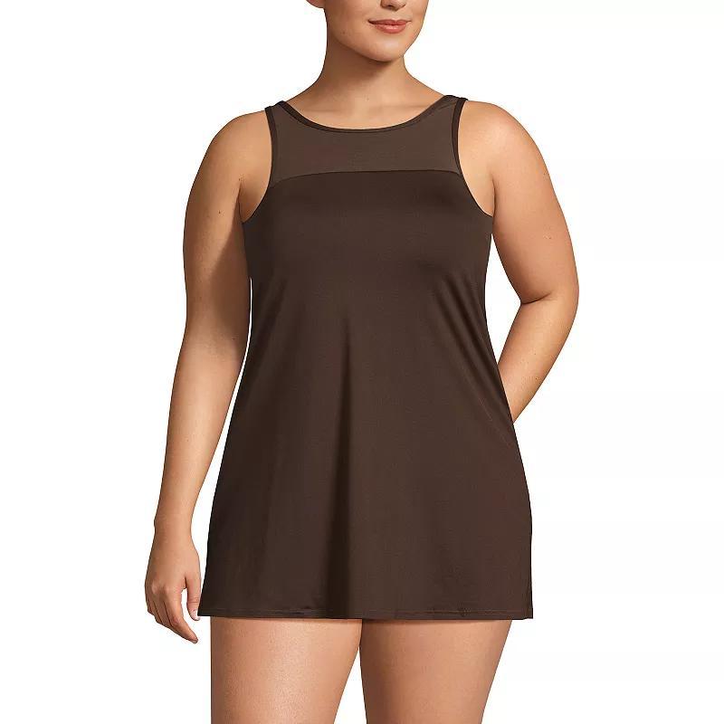 Plus Size Lands End Chlorine Resistant Smoothing Control Mesh High Neck Swimdress Swimsuit, Womens Product Image