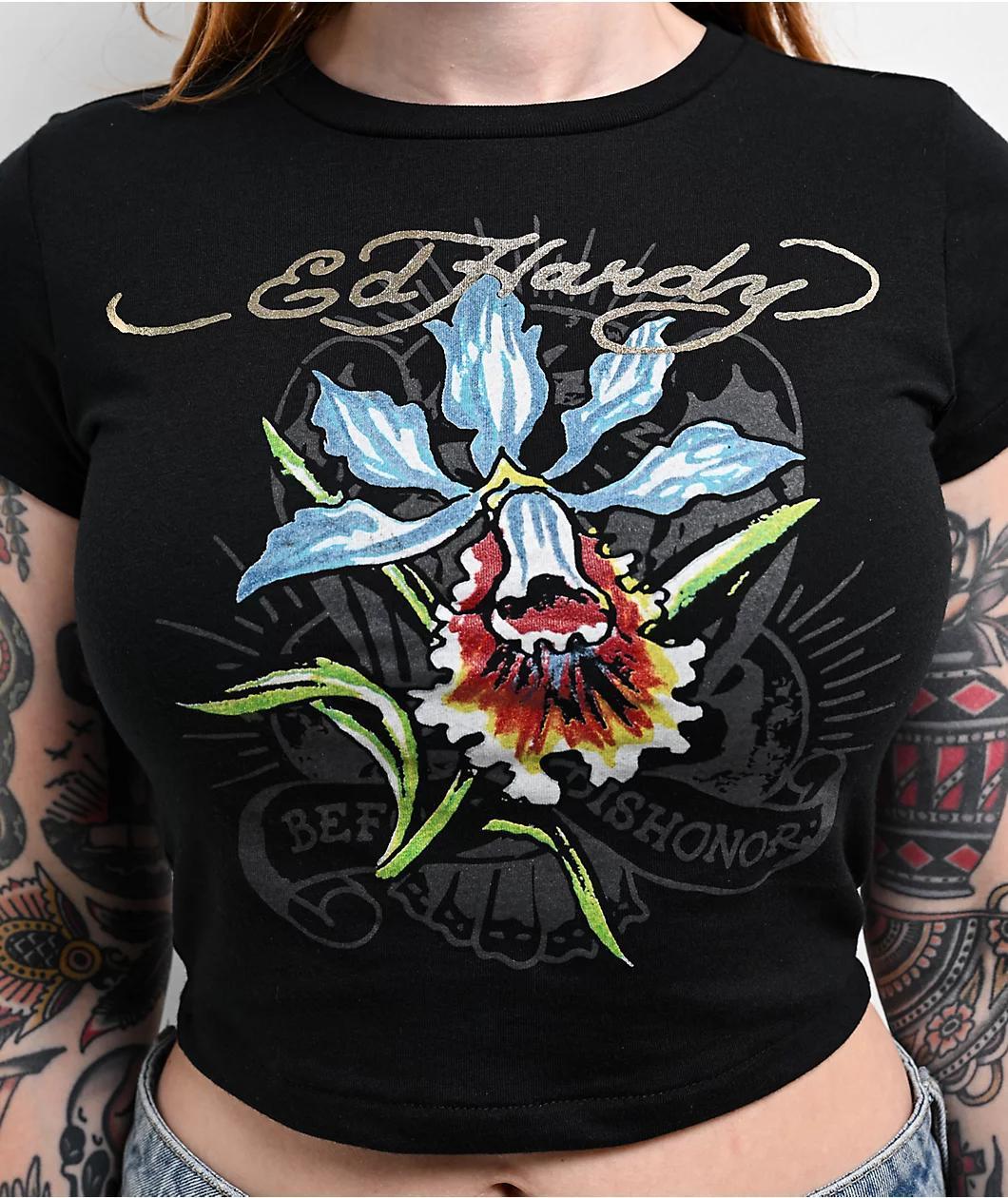 Ed Hardy Orchid Black Crop T-Shirt Product Image