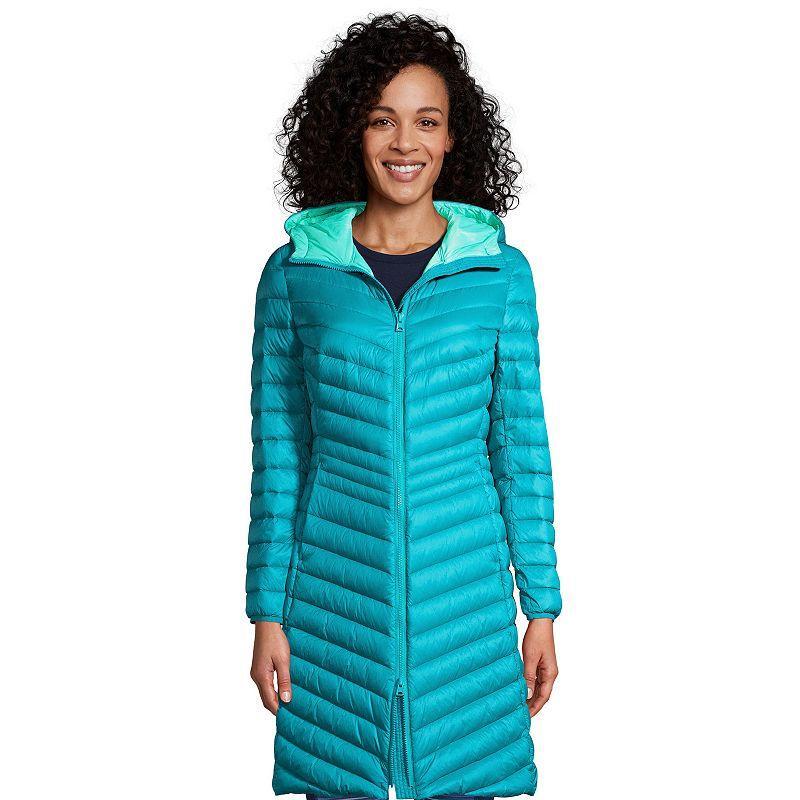 Womens Lands End Hooded Wanderweight Ultralight Packable Long Down Coat Evening Green Product Image