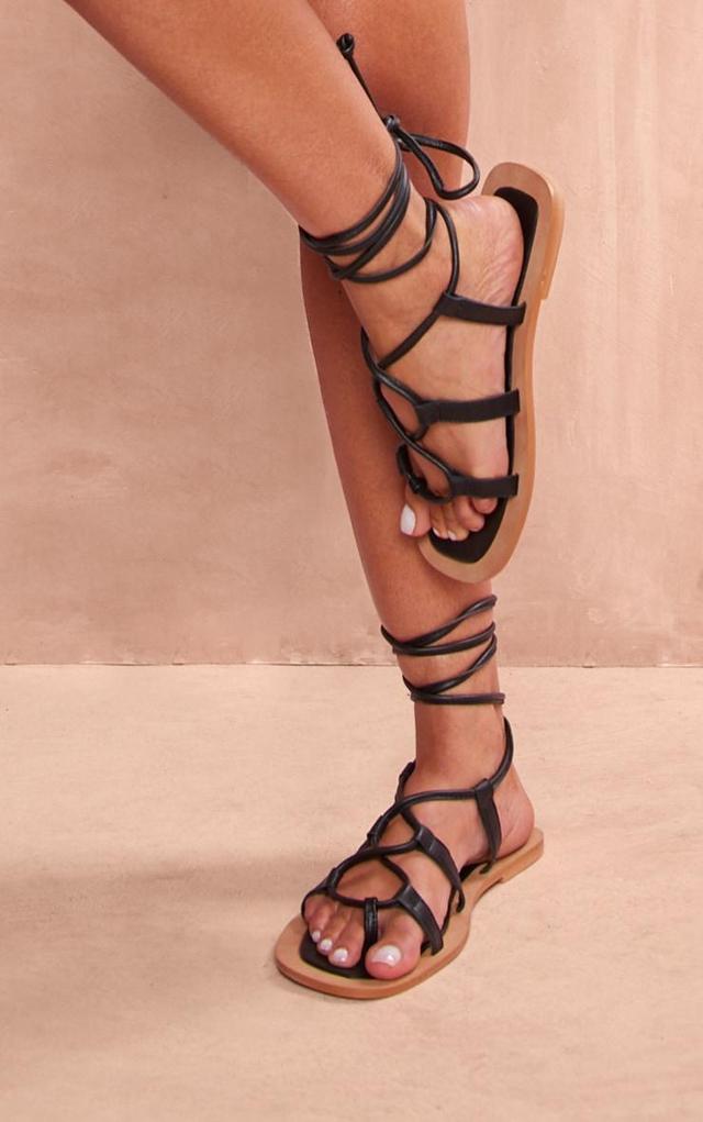 Black Wide Fit Real Leather Round Toe Lace Up Flat Sandals Product Image