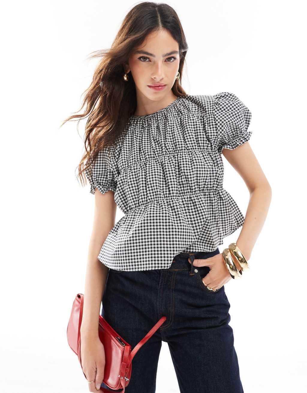 ASOS DESIGN shirred detail blouse in black gingham product image