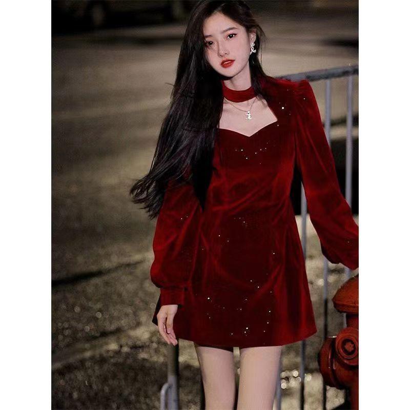 Long-Sleeve Mock Neck Plain Cutout Velvet Mini A-Line Dress Product Image