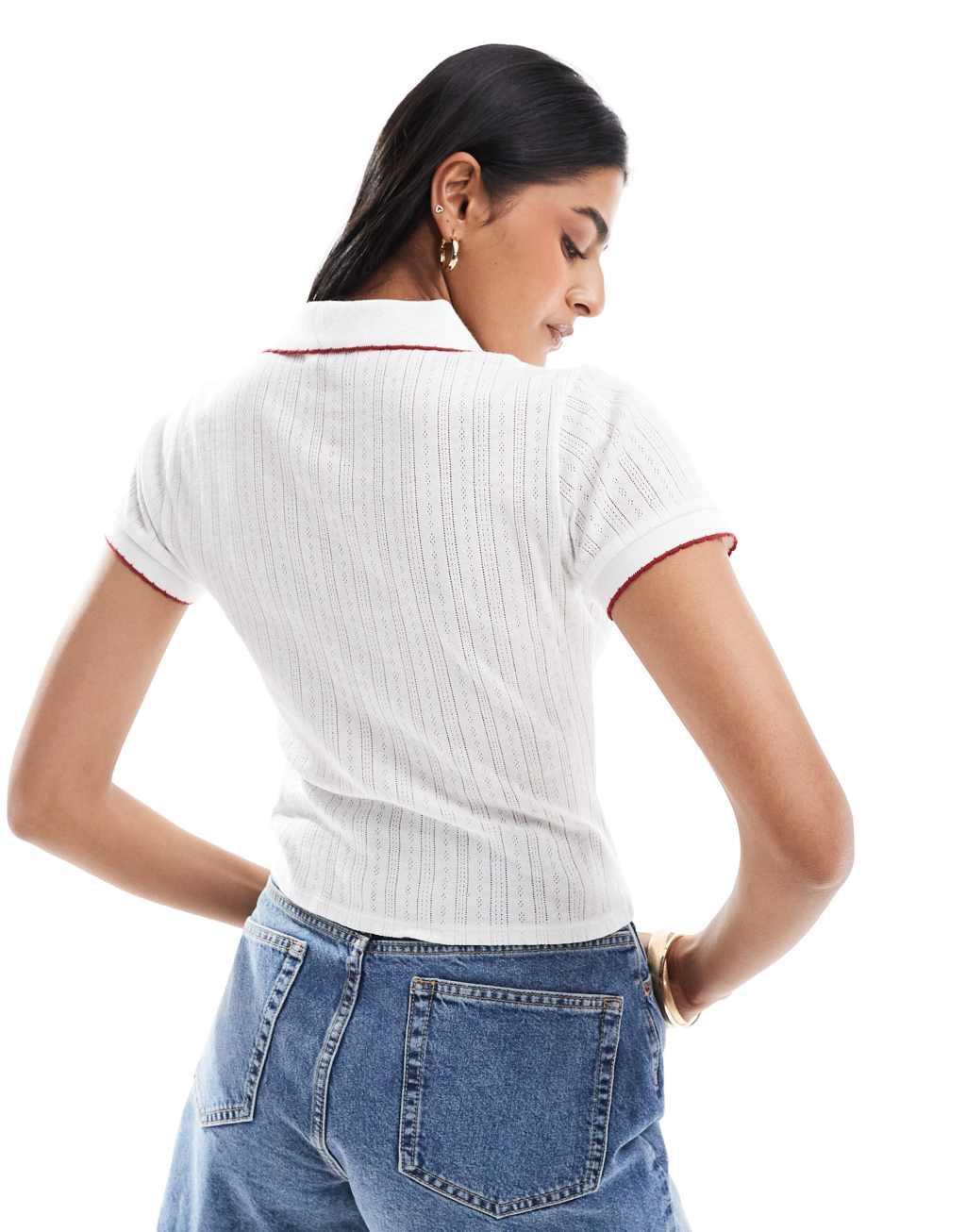 Miss Selfridge pointelle tipped polo top in ivory Product Image