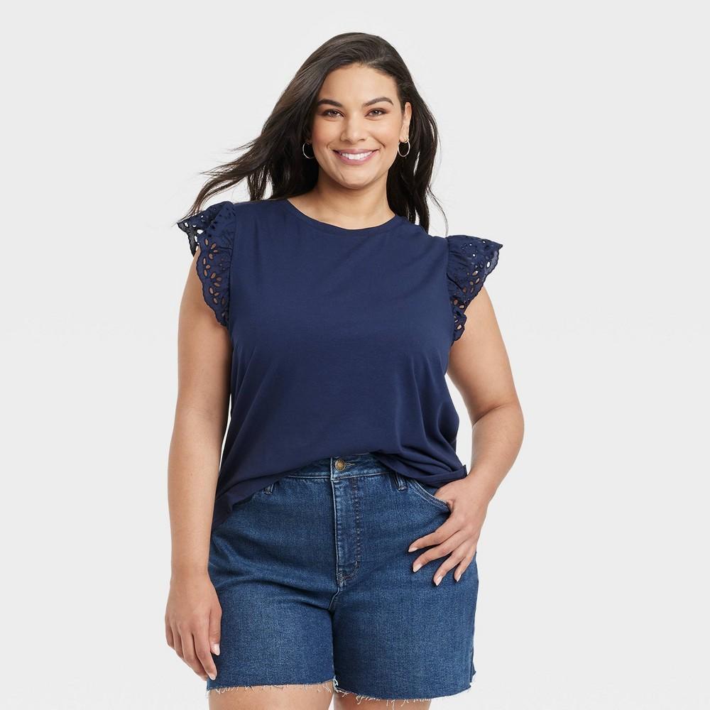 Womens Eyelet Flutter Short Sleeve T-Shirt - Ava & Viv Navy Blue 1X Product Image