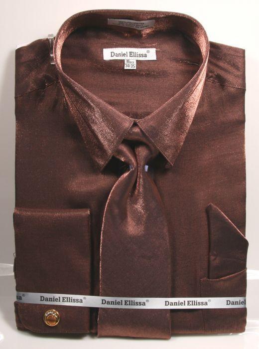 Brown Metallic Velvet Dress Shirt Set French Cuff Product Image