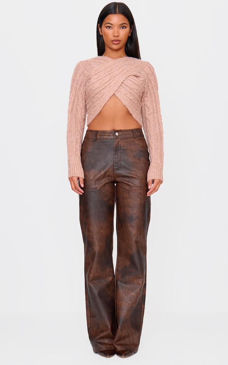 Brown Cable Knitted Wrap Front Cropped Sweater Product Image