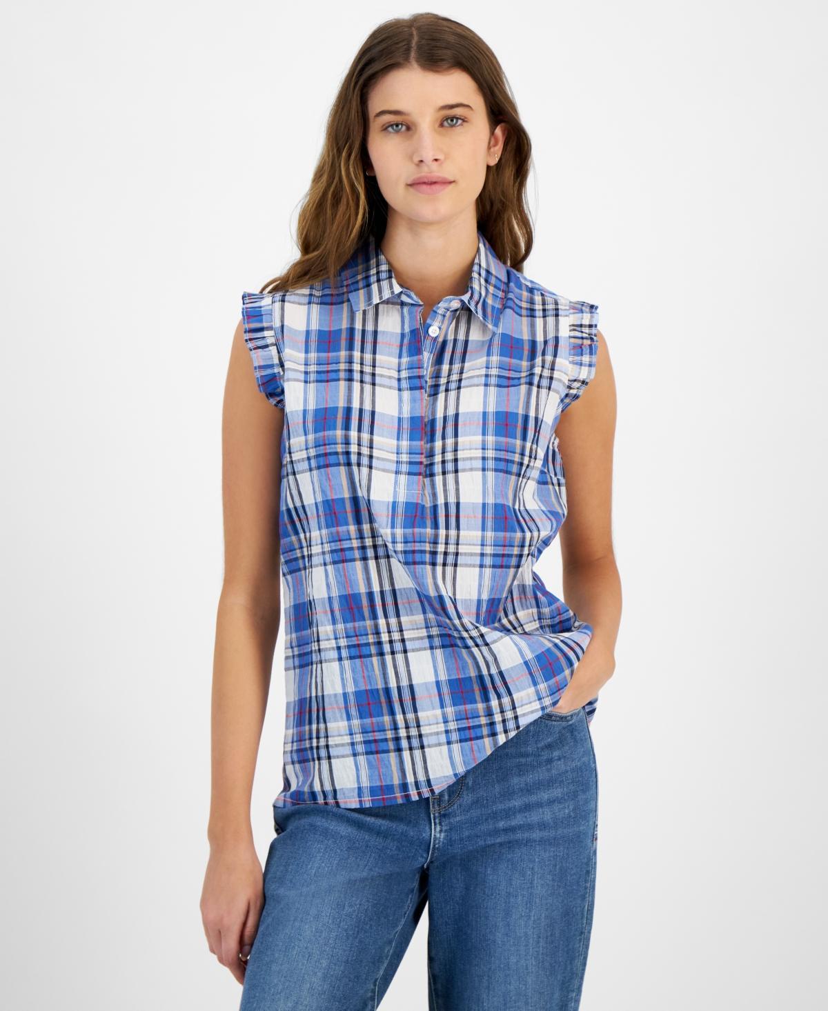 Tommy Hilfiger Womens Plaid Collared Sleeveless Top Product Image