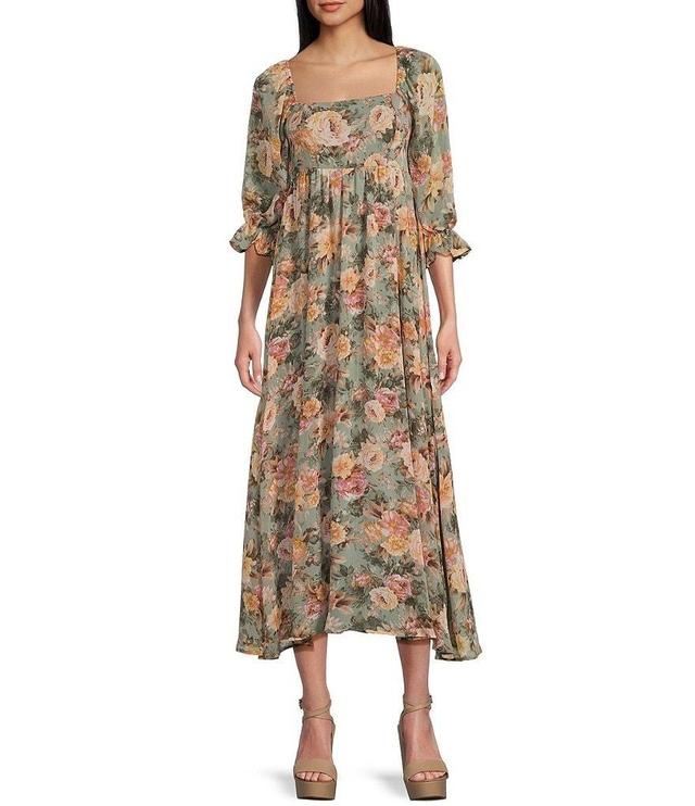 Allison & Kelly Floral Print 3/4 Sleeve Empire Waist Midi Dress Product Image