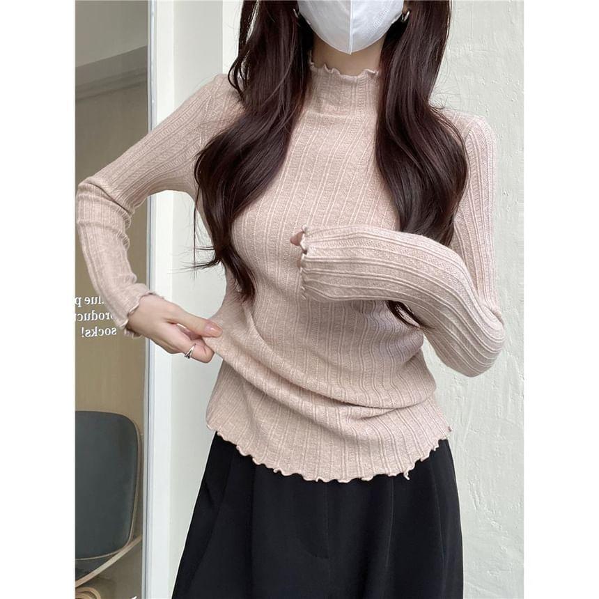 Turtleneck Ruffle Trim Ribbed Knit Top Product Image