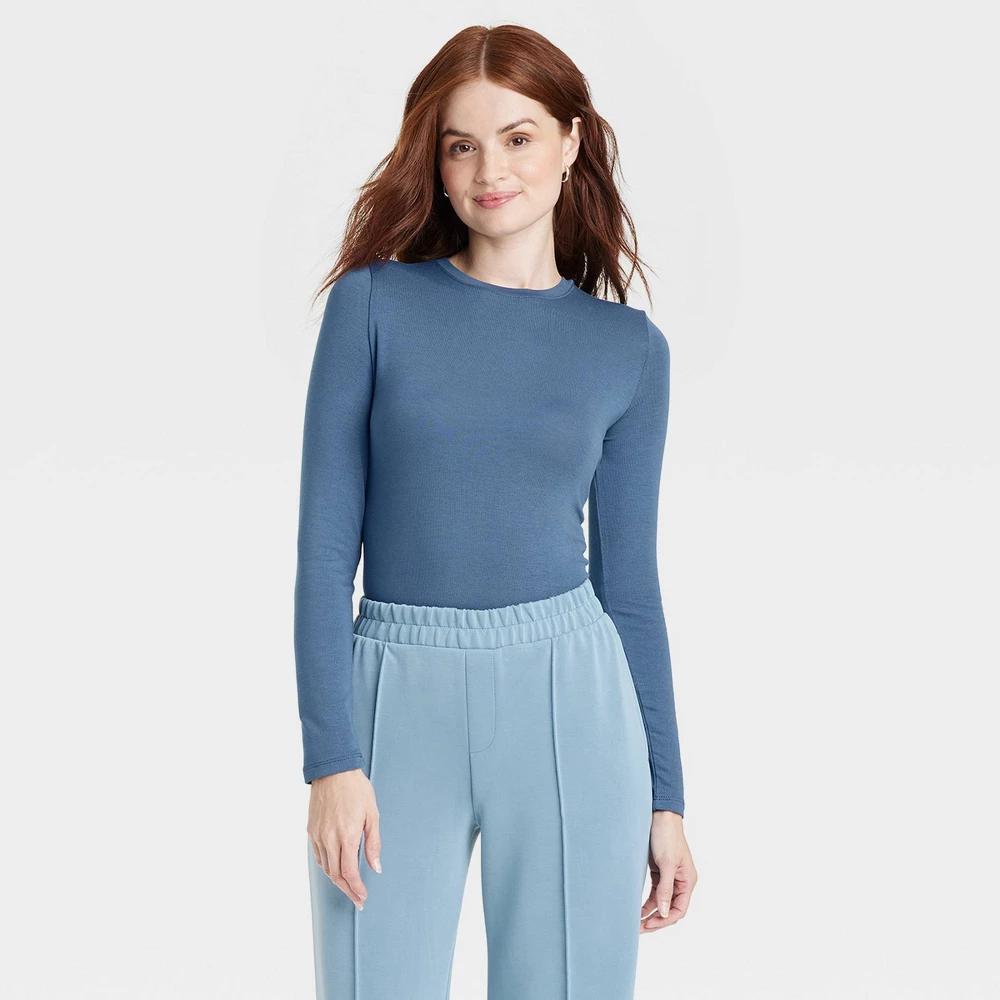 Womens Long Sleeve Brushed Knit T-Shirt - A New Day Blue XS Product Image