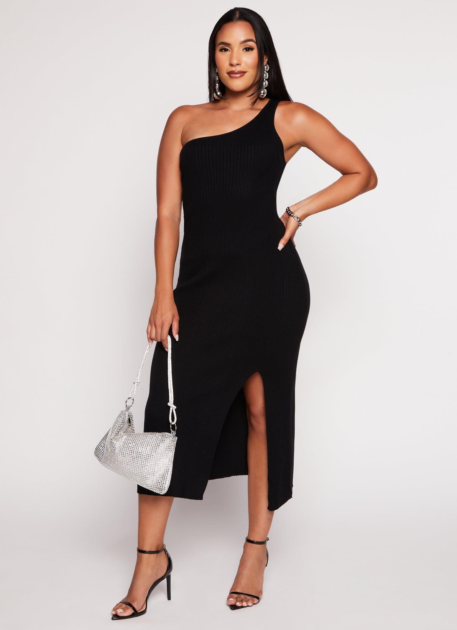 Womens Rib Knit One Shoulder Midi Dress Product Image