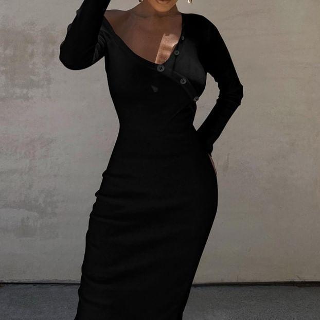 Long-Sleeve Off-Shoulder Plain Button Accent Slit Maxi Bodycon Dress Product Image