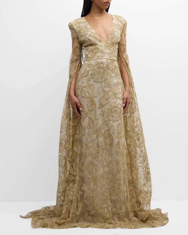 Plunging Floral Lace Cascading-Sleeve Gown Product Image