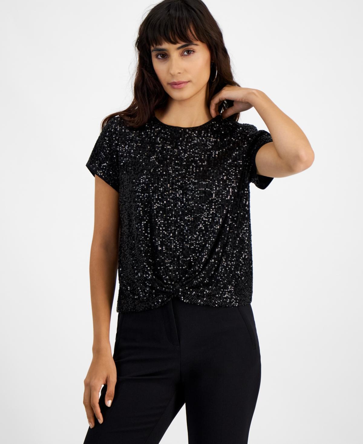 Bar Iii Womens Sequin Short-Sleeve Knot-Hem Top, Created for Macys Product Image