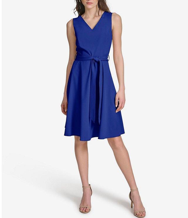 Calvin Klein Sleeveless V-Neck Tie Waist Fit and Flare Dress Product Image