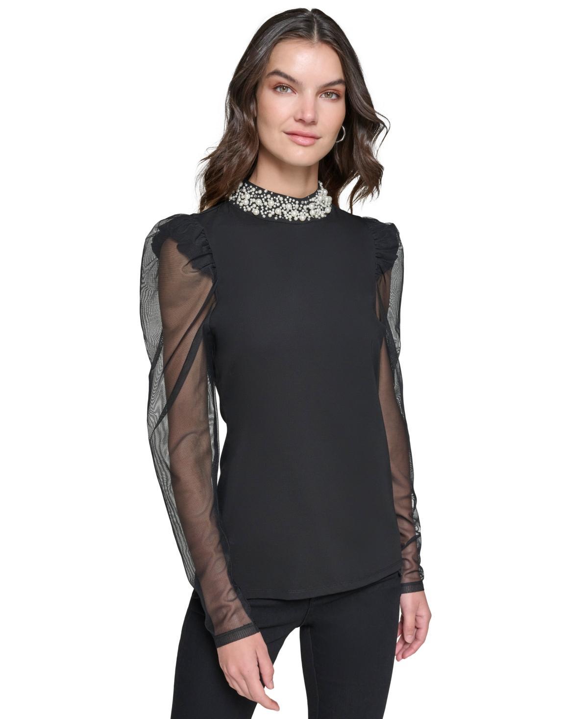 Karl Lagerfeld Paris Womens Embellished Mesh-Sleeve Top Product Image