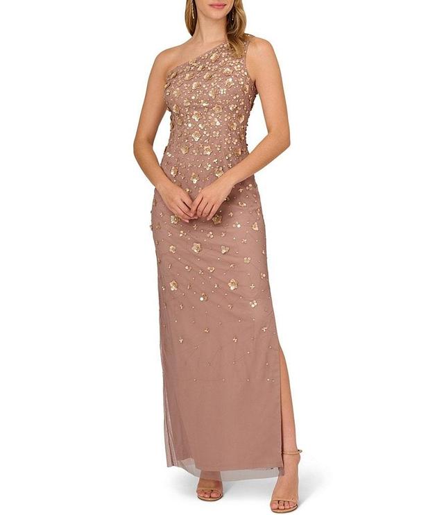 Adrianna Papell Floral Beaded One Shoulder Sleeveless Gown Product Image